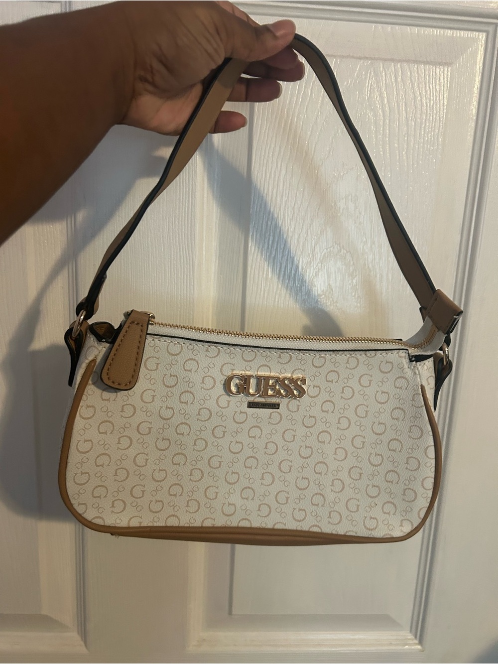 GUESS Cream and Tan Logo Shoulder Bag with Gold Hardware